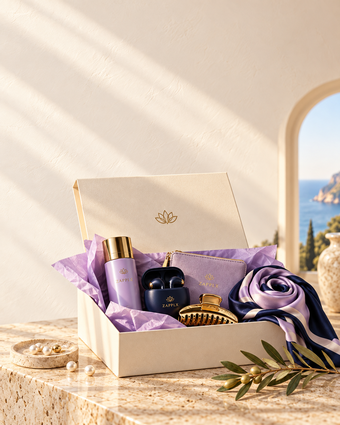 An open ZAPPLX gift box on a travertine table: lavender tissue paper, a lavender bottle, navy earbuds, a lavender pouch, a gold claw clip and a lavender and navy silk scarf.