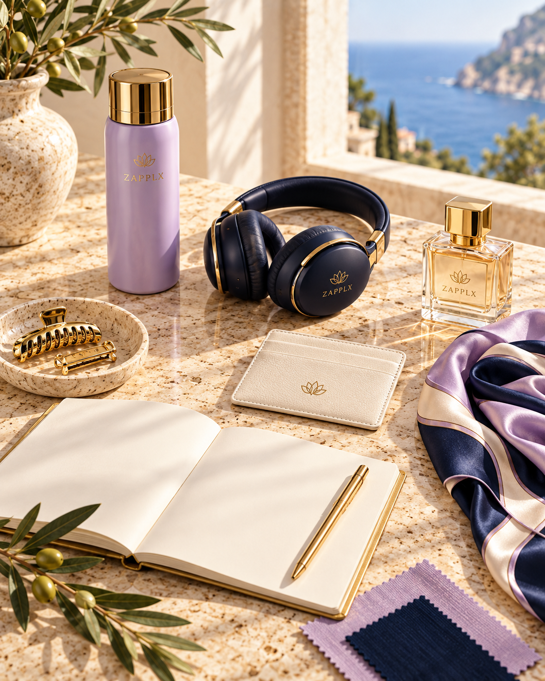 Carefully selected ZAPPLX products laid out on a travertine desk by the sea: a lavender bottle, navy headphones, a card holder, perfume, a silk scarf, an open notebook and fabric swatches.